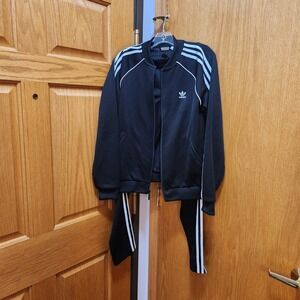 Adidas Womens Black Track Jacket Pants Set Climalite Athletic 3 Stripe S/M